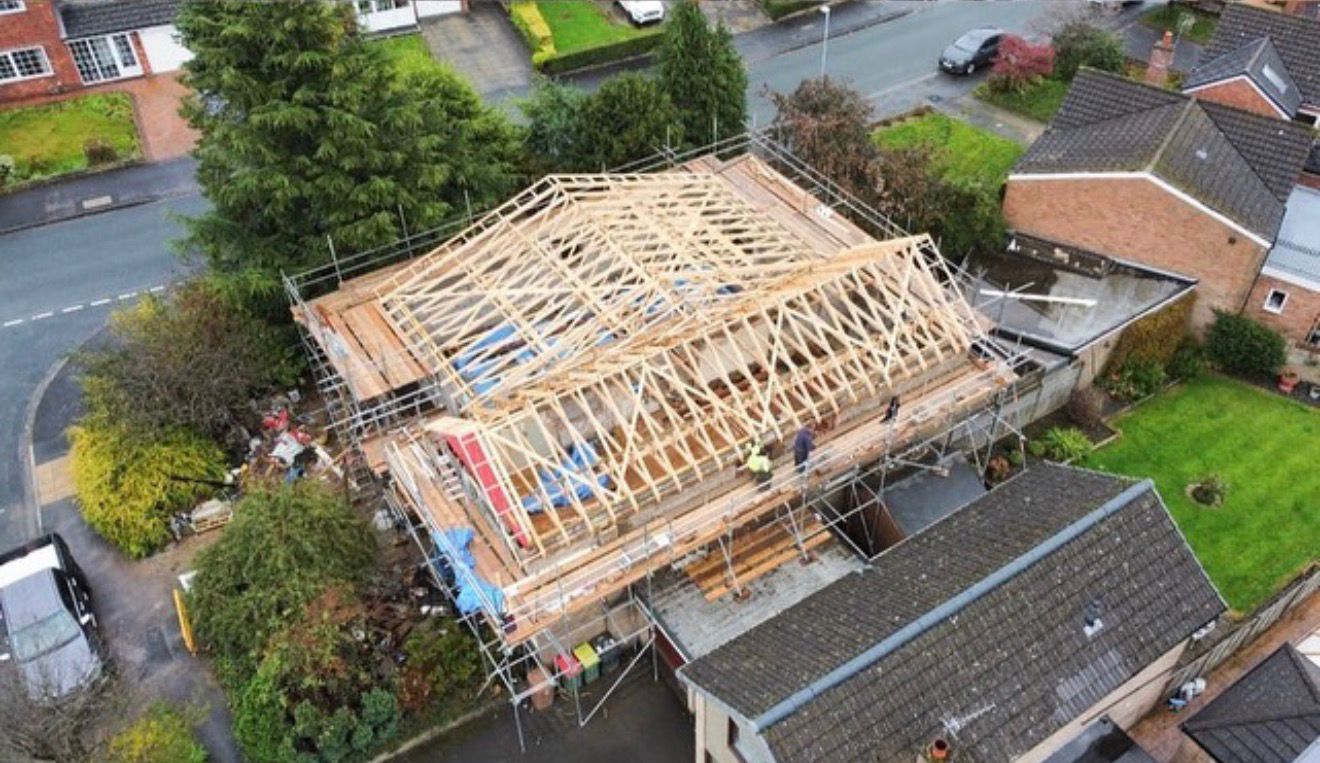 Aerial view of new trussed roof structural carpentry