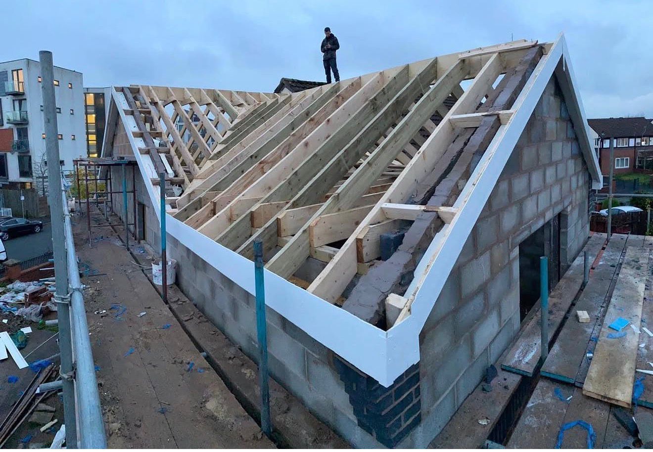 Completed trussed roof structural carpentry ready for tiling