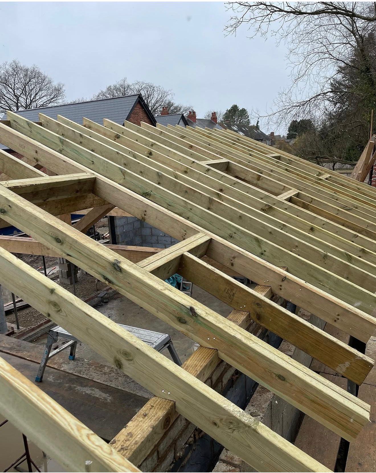 Hand-cut roof carpentry on a new-build property