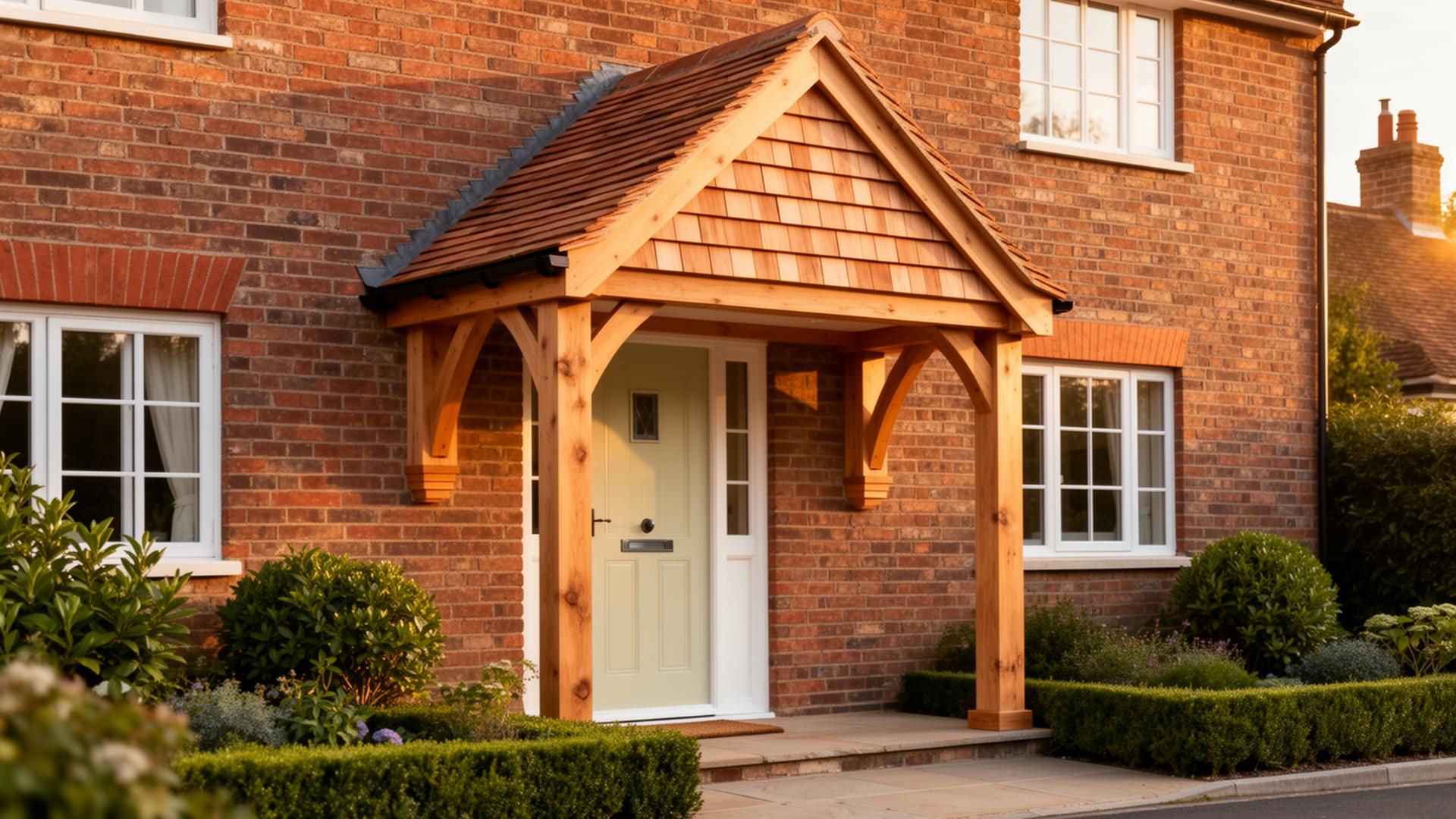 Bespoke gable timber porch canopy with cedar shingles on a traditional brick home