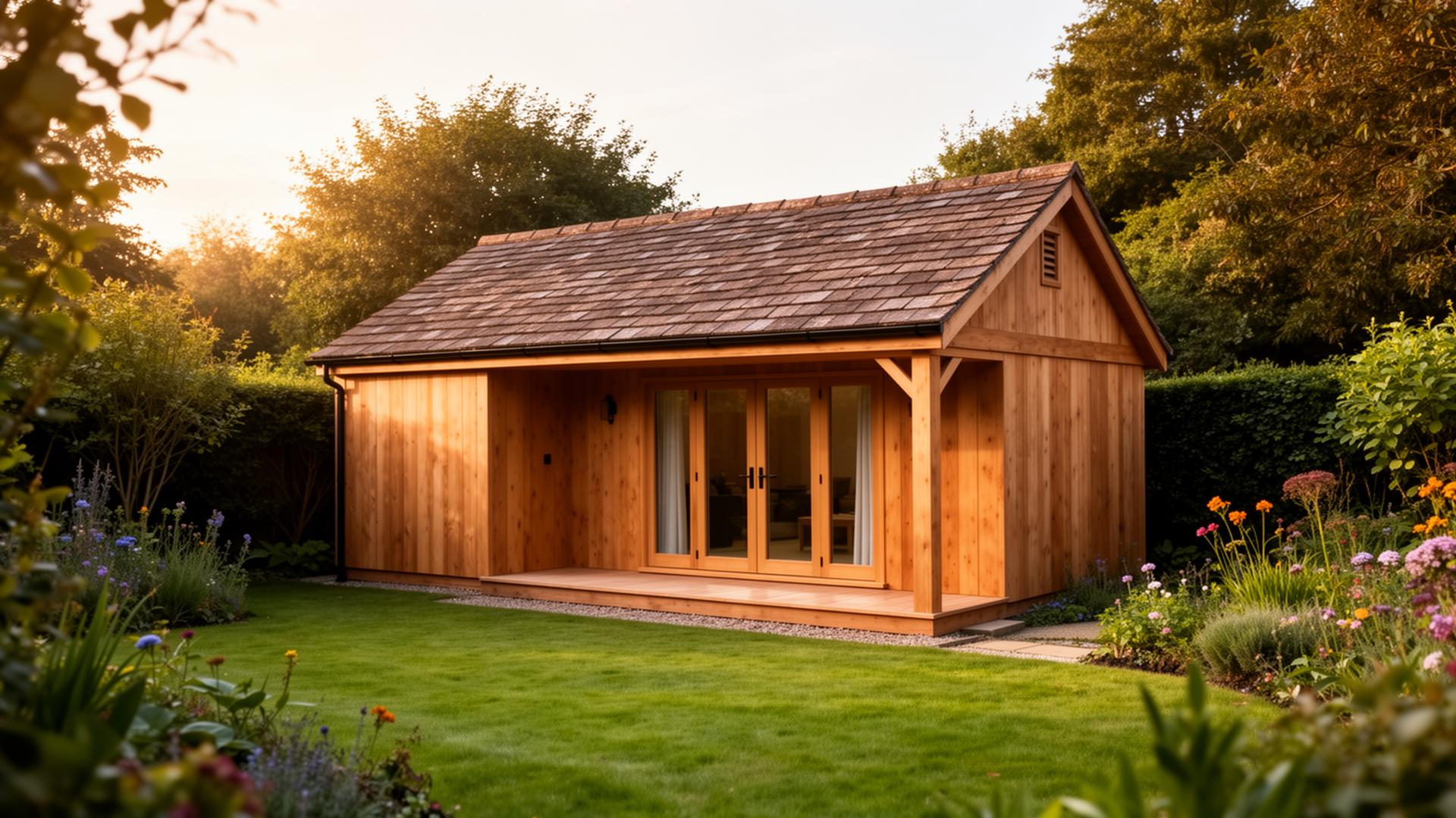 Bespoke timber summer house with cedar shingle roof in a North West English garden